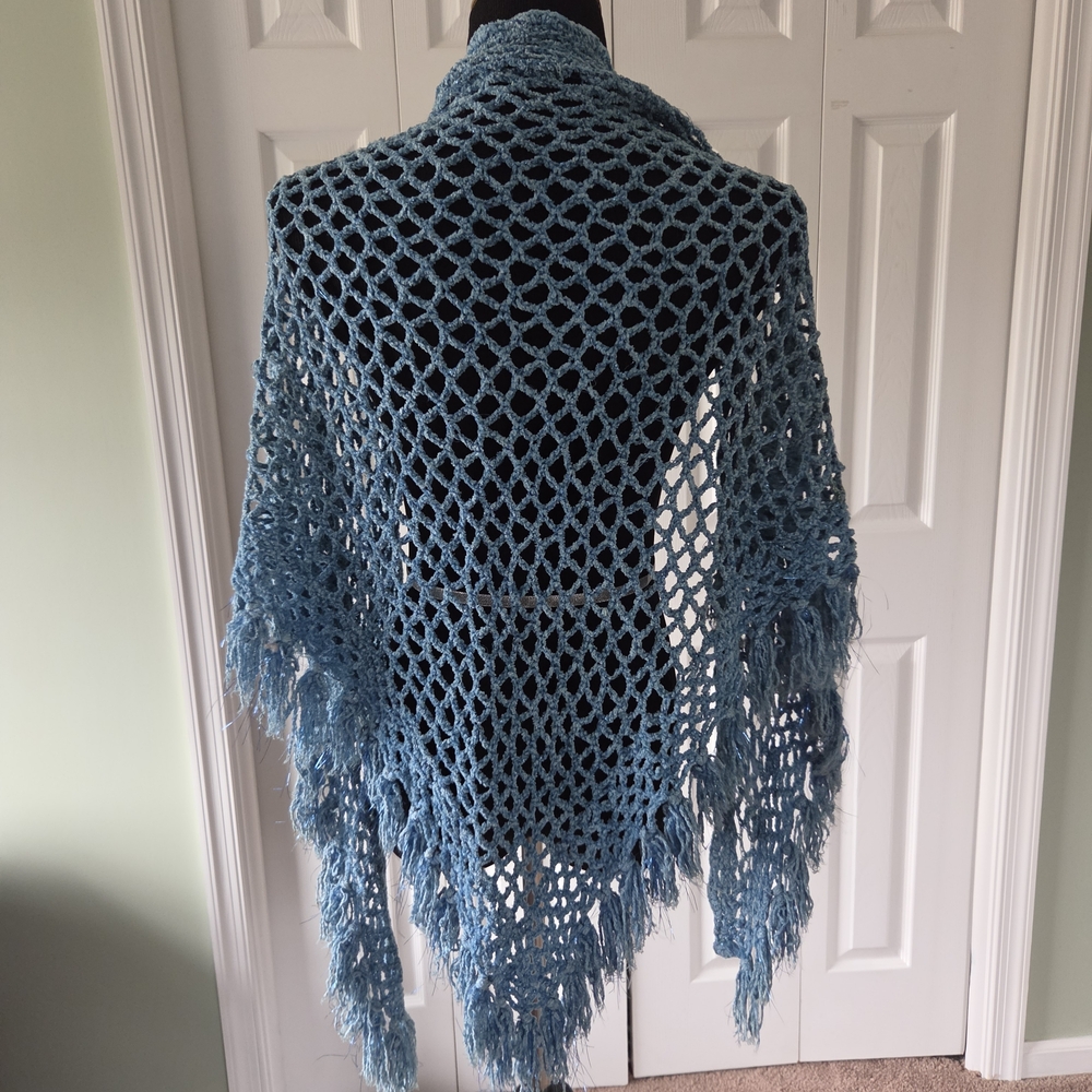 1970s Handmade Teal Crochet Fringe Shawl w/Matching Purse
